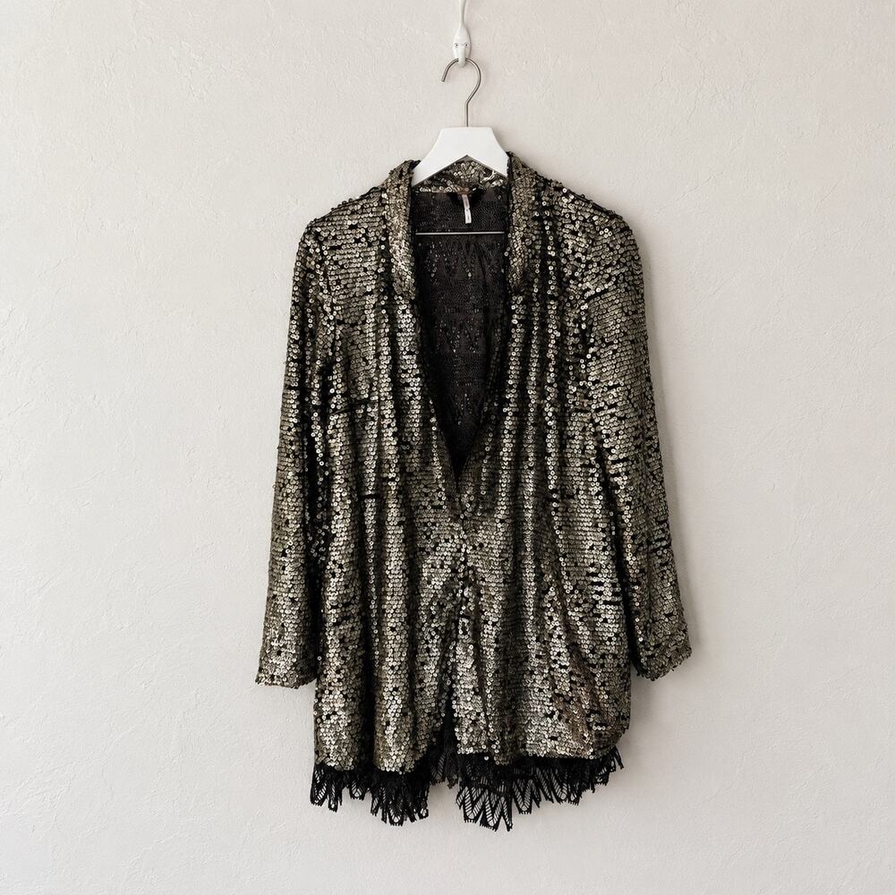 Free People Black Gold Sequin Fringe Open Kimono Jacket Small